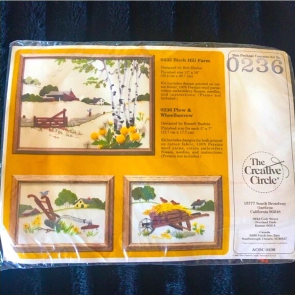 THE CREATIVE CIRCLE Stitchery Kit Plow & Wheelbarrow Wall Hangings
